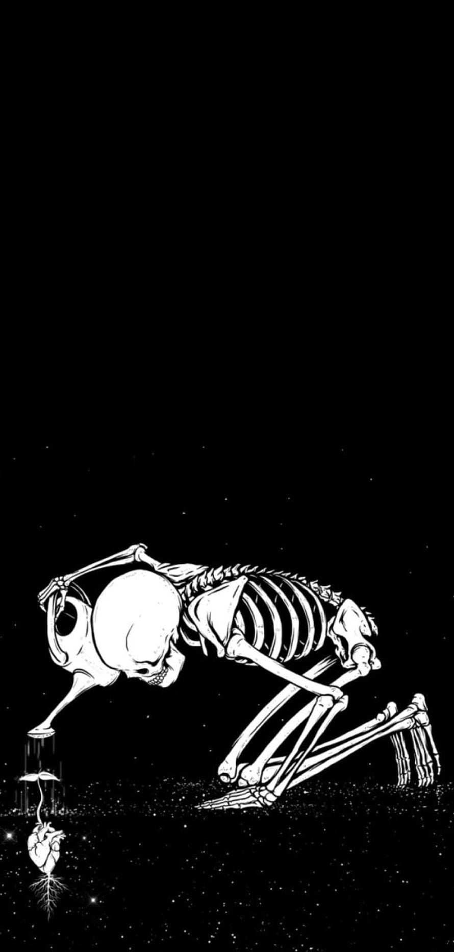 Kneeling Skeleton Releasing a Heart in a Starry Void, Black and White Gothic Illustration HD phone wallpaper