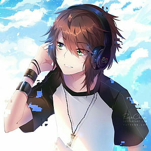 Anime Boy Wearing Headphones and Cross Necklace Against a Blue Sky HD phone wallpaper