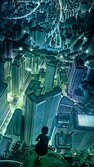 Ghost in the Shell Anime Cityscape with Silhouette Overlooking Neon Metropolis at Night HD phone wallpaper