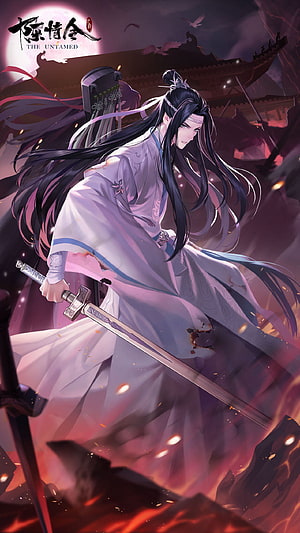 Lan Wangji from The Untamed in White Robes Holding a Sword Amidst Embers and Moonlight HD phone wallpaper