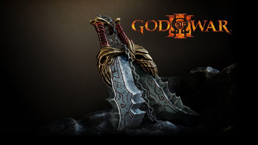 God of War Blades of Chaos resting on dark stone with ornate golden hilts and engraved silver blades HD wallpaper