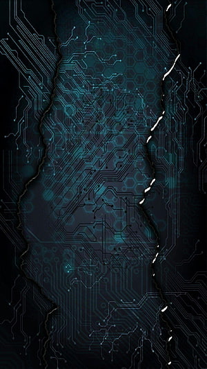 Dark Circuit Board Technology Background with Torn Paper Effect and Glowing Blue Traces HD phone wallpaper