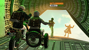 Battlegrounds Mobile India soldiers on motorcycle inside cargo bay with green lighting HD wallpaper