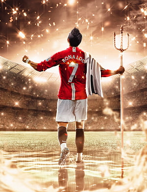 Cristiano Ronaldo in Manchester United Kit Holding Trident in Golden Stadium HD phone wallpaper