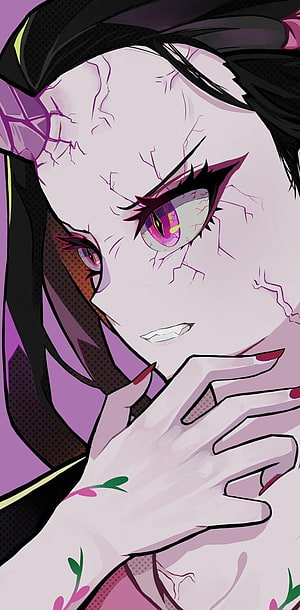 Nezuko Kamado Demon Form Close-Up Portrait with Cracked Skin and Purple Eyes HD phone wallpaper