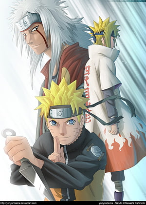 Naruto, Minato Namikaze, and Jiraiya in a dramatic anime illustration HD phone wallpaper