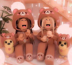 Kawaii Roblox Girls in Cute Bear Costumes with Pet Dogs HD wallpaper