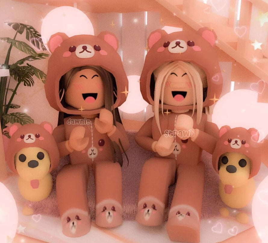 Kawaii Roblox Girls in Cute Bear Costumes with Pet Dogs HD wallpaper