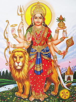 Goddess Durga Riding Lion With Trident And Sword In Traditional Indian Art HD phone wallpaper