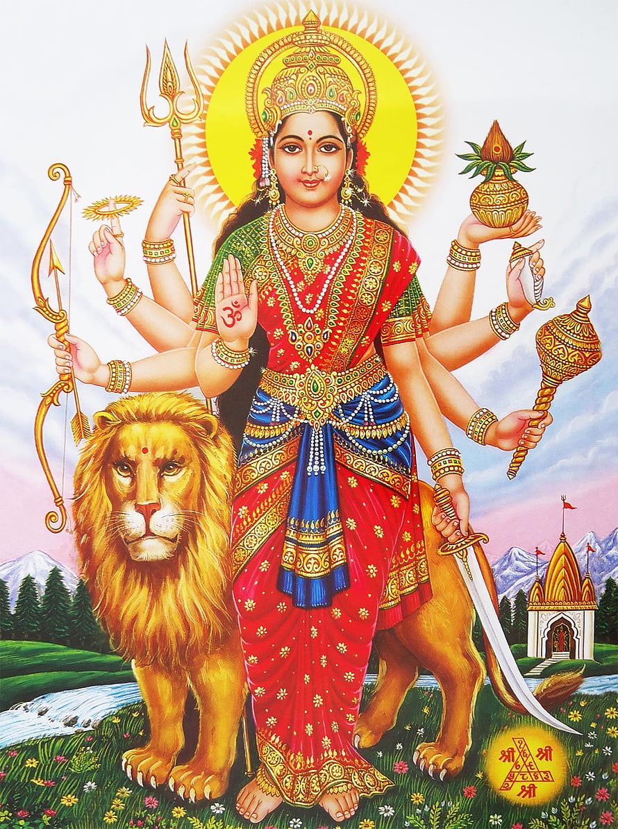 Goddess Durga Riding Lion With Trident And Sword In Traditional Indian Art HD phone wallpaper