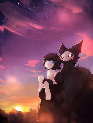 Puro and a young companion sitting on a cliff edge beneath a vibrant purple and orange sunset sky HD phone wallpaper