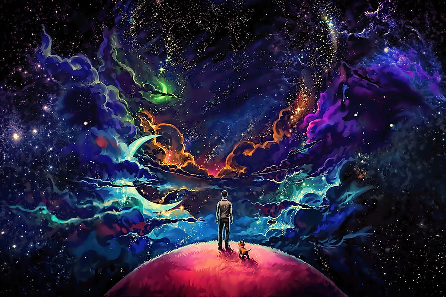 Man and Dog Standing on a Glowing Planet Under a Vibrant Cosmic Nebula HD wallpaper