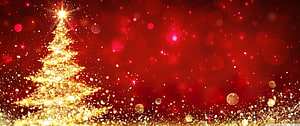 Golden Sparkling Christmas Tree with Bokeh Lights on Red Background HD wallpaper