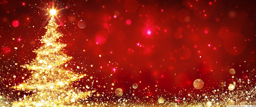 Golden Sparkling Christmas Tree with Bokeh Lights on Red Background HD wallpaper