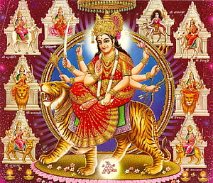 Mata Rani Durga riding a tiger with eight arms and multiple goddess forms in a traditional Indian devotional painting HD wallpaper