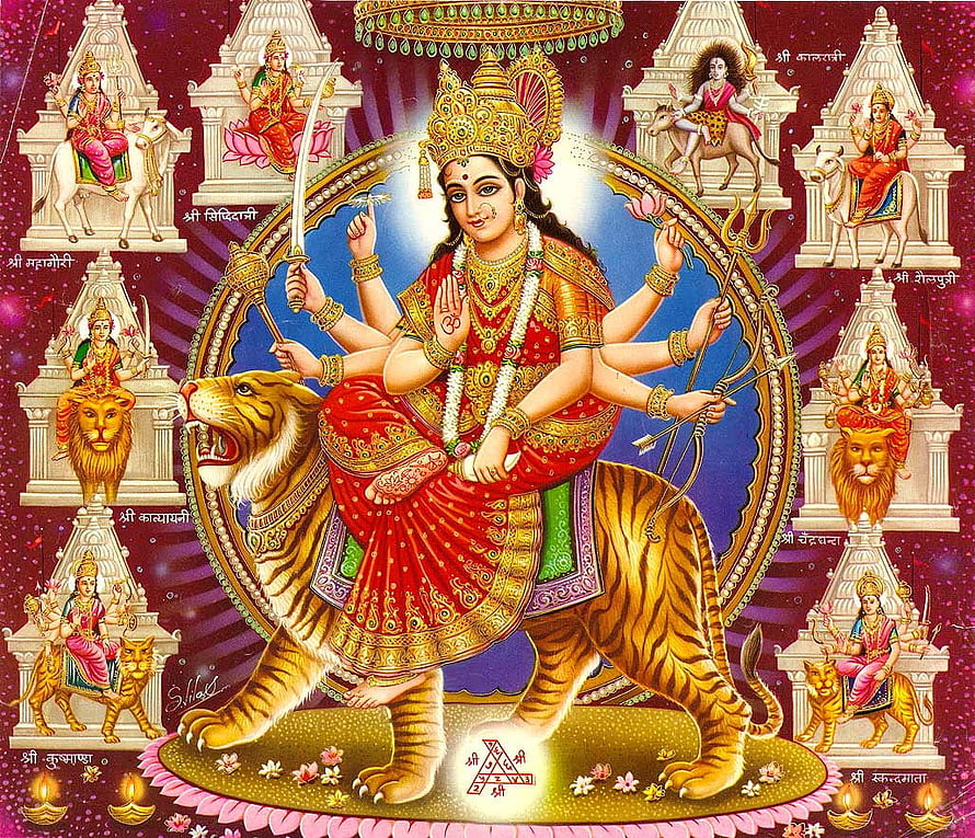 Mata Rani Durga riding a tiger with eight arms and multiple goddess forms in a traditional Indian devotional painting HD wallpaper