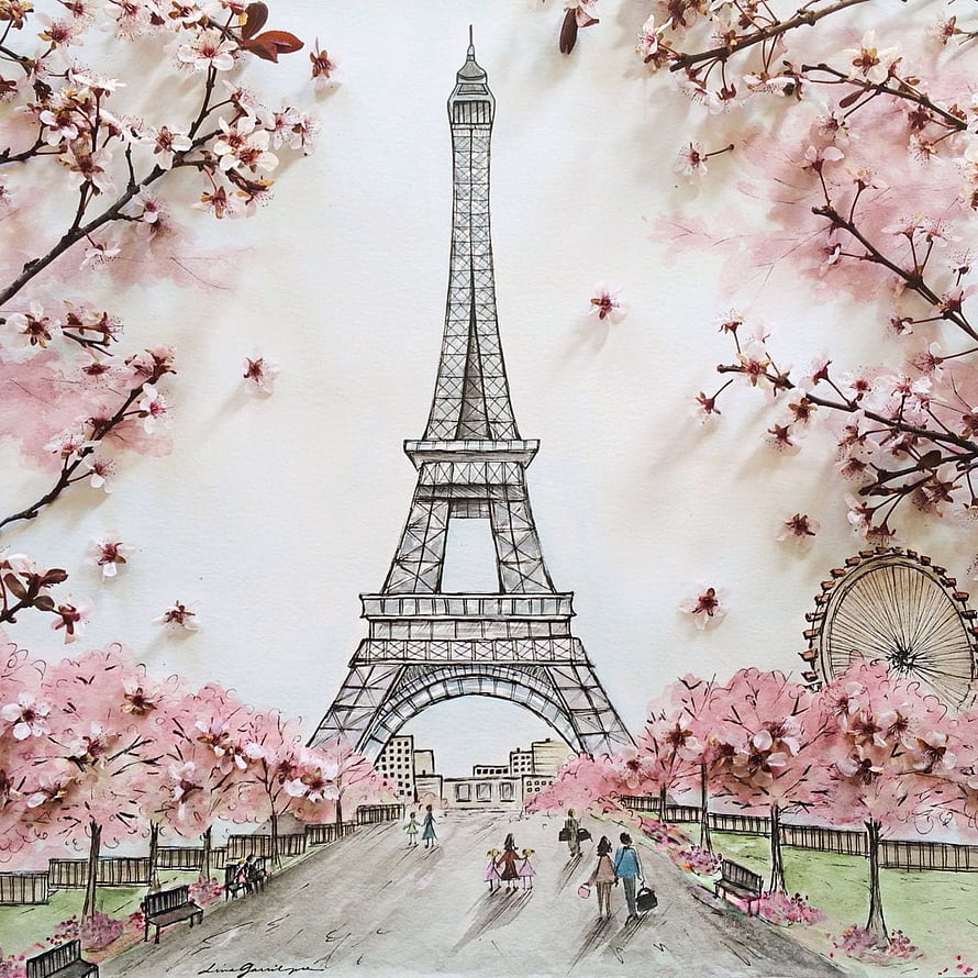 Eiffel Tower Watercolor Painting with Cherry Blossoms and Spring Park Scene HD phone wallpaper