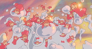 Studio Ghibli Animated Scene of Red-Clothed Characters Floating Among Bubbles HD wallpaper