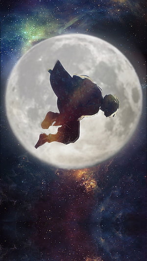 Zenitsu Agatsuma Floating Silhouette Against a Giant Full Moon in Deep Space HD phone wallpaper