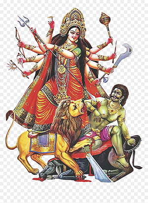 Chamunda Maa Riding Lion and Slaying Demon in Traditional Indian Art HD phone wallpaper