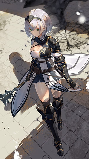 Shirogane Noel in Black and White Knight Armor with Spear on Cracked Stone Ground HD phone wallpaper