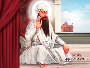 Guru Arjan Dev Ji in White Robes with Halo and Temple View HD wallpaper