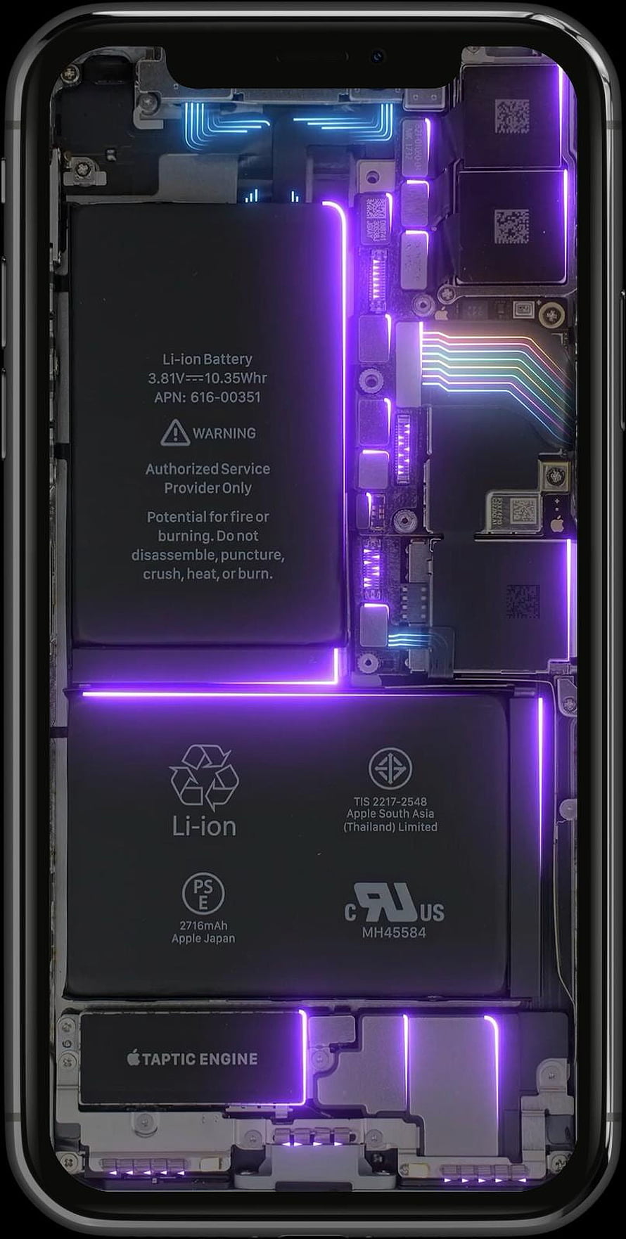 Illuminated iPhone Internal Components with Neon Purple Circuitry and Battery HD phone wallpaper