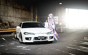 White Nissan Silvia S15 with anime girl in urban parking lot HD wallpaper