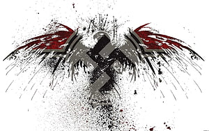 Grungy Eagle Emblem with Red Wings and Crossed Stripes on White Background HD wallpaper