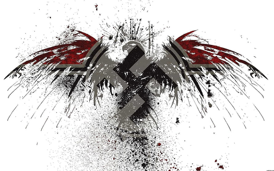 Grungy Eagle Emblem with Red Wings and Crossed Stripes on White Background HD wallpaper