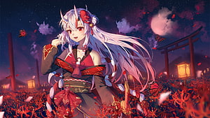 Nakiri Ayame in a field of red spider lilies beneath a torii gate at night HD wallpaper