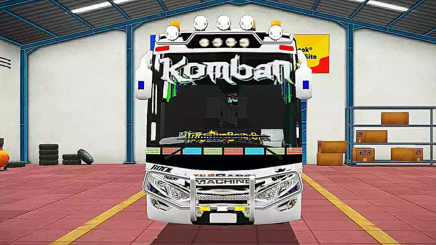 Komban Bus Livery Front View in Garage with Custom Decals and LED Lights HD wallpaper