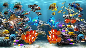 Vibrant Underwater Coral Reef Scene With Clownfish, Octopus, and Colorful Tropical Fish HD wallpaper
