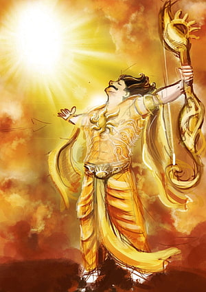 Arjuna Drawing His Bow in Golden Light from the Mahabharata HD phone wallpaper