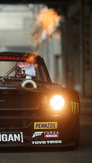Hoonicorn V2 Ford Mustang Drag Racing with Flames and Smoke HD phone wallpaper