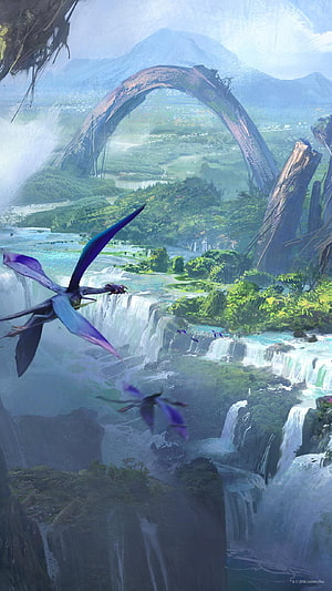 Avatar Pandora Rising Concept Art Featuring Rakhk and Waterfall Landscape HD phone wallpaper