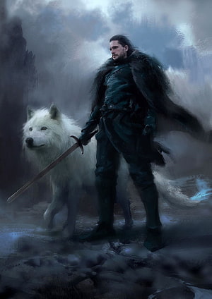 Jon Snow and Ghost in a Misty Winter Landscape with Sword and Fur Cloak HD phone wallpaper