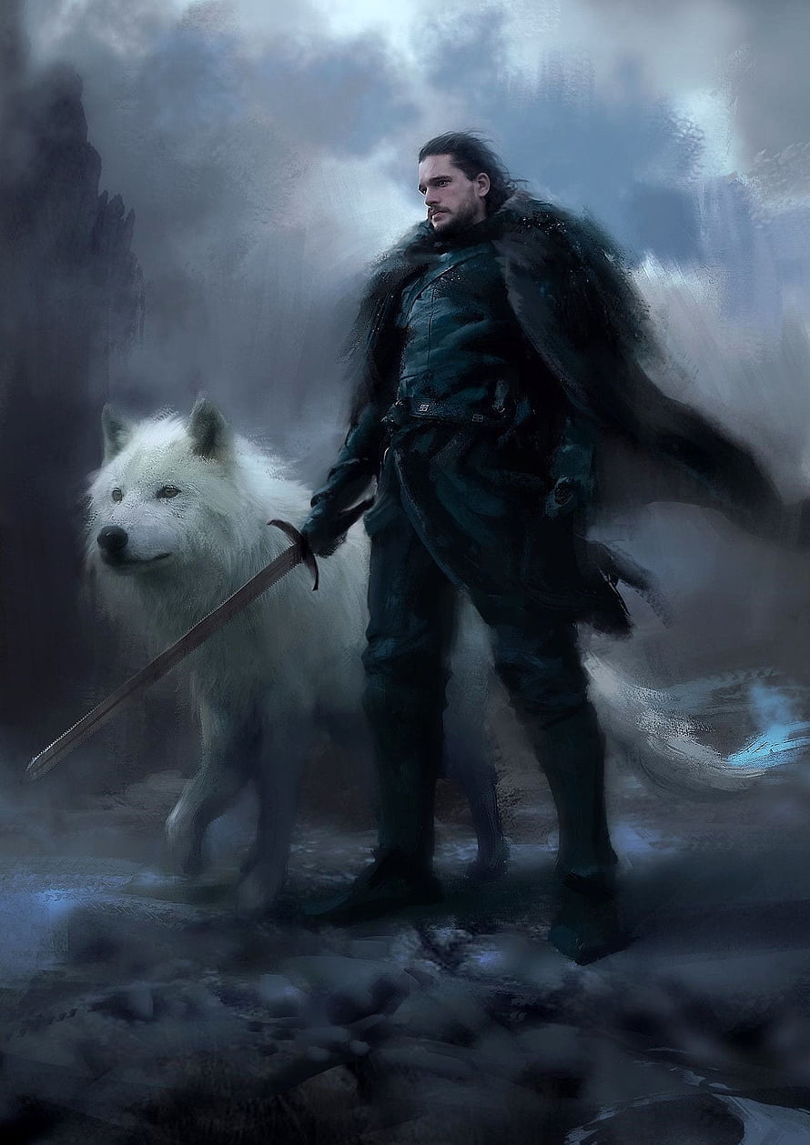 Jon Snow and Ghost in a Misty Winter Landscape with Sword and Fur Cloak HD phone wallpaper