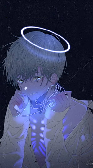 Anime Boy With Glowing Halo And Neon Lights In Dark Aesthetic Portrait HD phone wallpaper