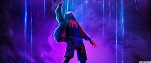 Miles Morales Spider-Man Reaching for Neon Light in Cyberpunk Cityscape HD wallpaper