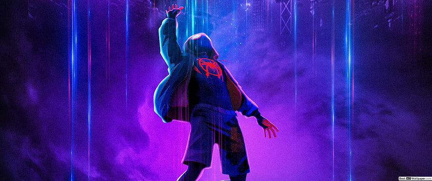 Miles Morales Spider-Man Reaching for Neon Light in Cyberpunk Cityscape HD wallpaper