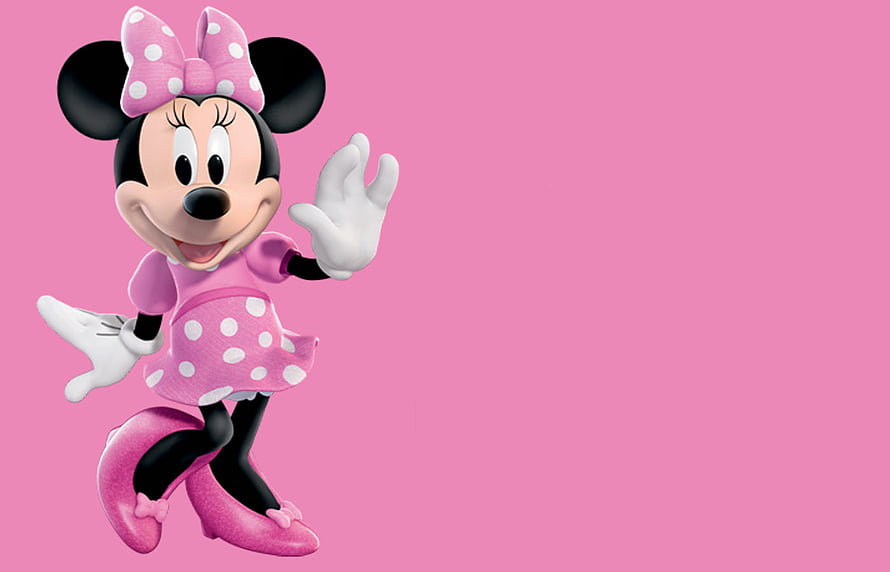 Minnie Mouse in Pink Polka Dot Dress Waving on Solid Pink Background HD wallpaper