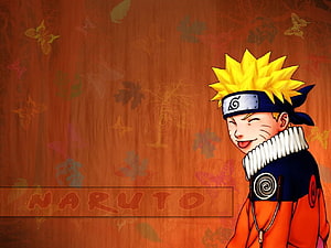 Naruto Uzumaki Smiling Anime Character with Headband and Orange Jumpsuit on Textured Background HD wallpaper