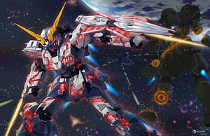 Gundam Unicorn in Dynamic Space Combat with Enemy Mobile Suit HD wallpaper