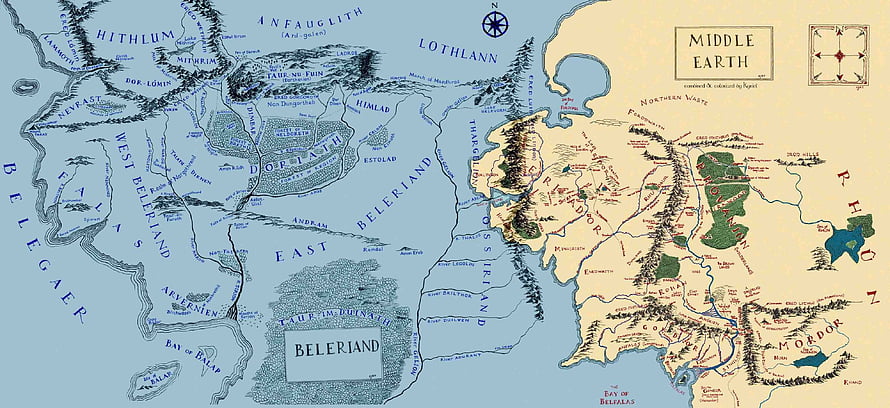 Detailed Middle Earth Map Showing Beleriand, Eriador, and Mordor Regions HD wallpaper
