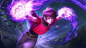 Dyrroth from Mobile Legends channeling purple energy in dynamic action pose HD wallpaper