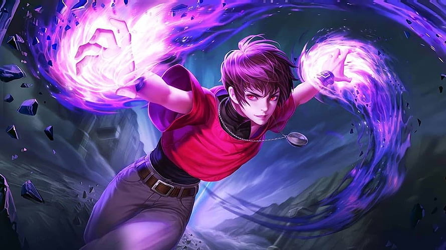 Dyrroth from Mobile Legends channeling purple energy in dynamic action pose HD wallpaper