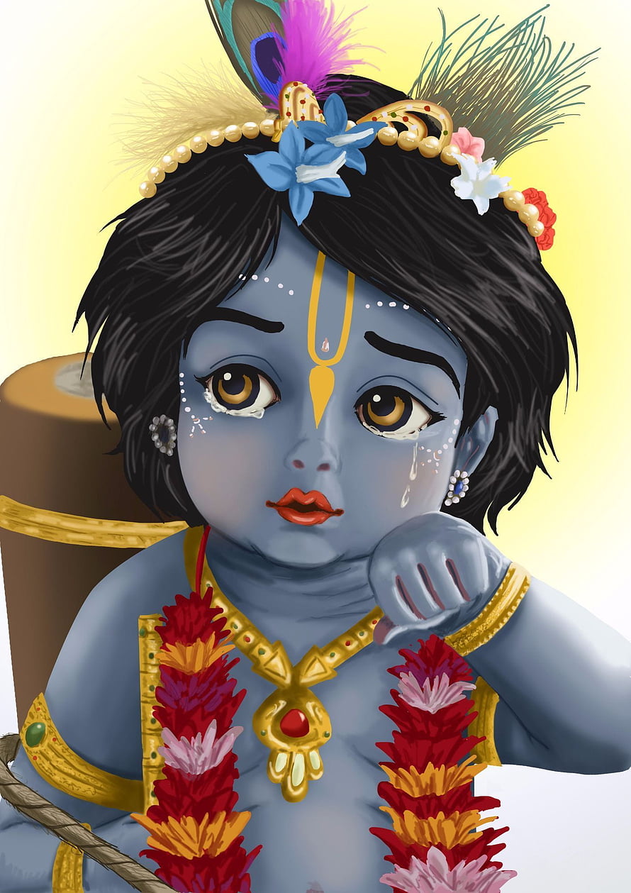Crying Baby Krishna Digital Illustration with Peacock Feather Crown and Floral Garland HD phone wallpaper