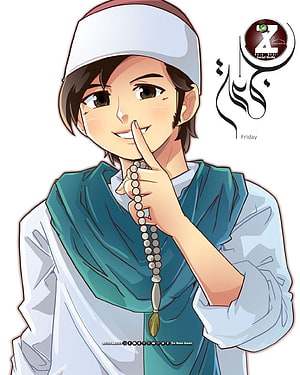 Anime Muslim Boy Holding Prayer Beads in Traditional White and Teal Attire HD phone wallpaper