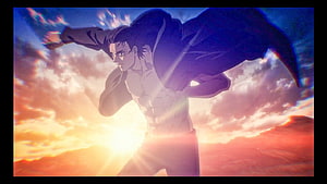 Eren Yeager in a dramatic sunset scene with flowing jacket and intense expression HD wallpaper